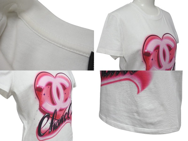 CHANEL Heart here mark short sleeve T-shirt P74383K10851 Size XS Spray Rhinestone Pink White Good Condition Used 4b001109