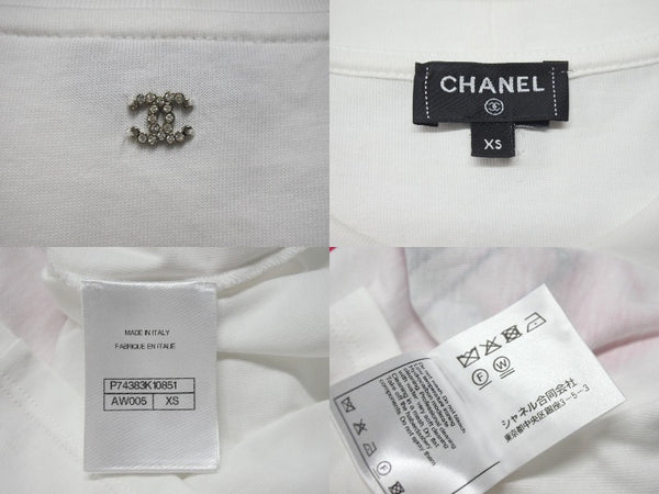 CHANEL Heart here mark short sleeve T-shirt P74383K10851 Size XS Spray Rhinestone Pink White Good Condition Used 4b001109