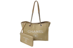 Very Good Condition CHANEL Deauville MM Chain Tote Tote Bag Coco Mark IC Canvas Leather Silver Hardware Used 4b001131