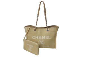 Very Good Condition CHANEL Deauville MM Chain Tote Tote Bag Coco Mark IC Canvas Leather Silver Hardware Used 4b001131