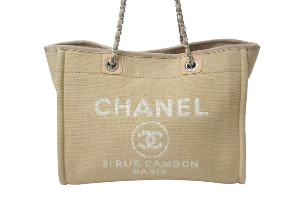 極美品 CHANEL シャネル ドーヴィルMM チェーントート トートバッグ ココマーク IC キャンバス レザー シルバー金具 中古 4b001131