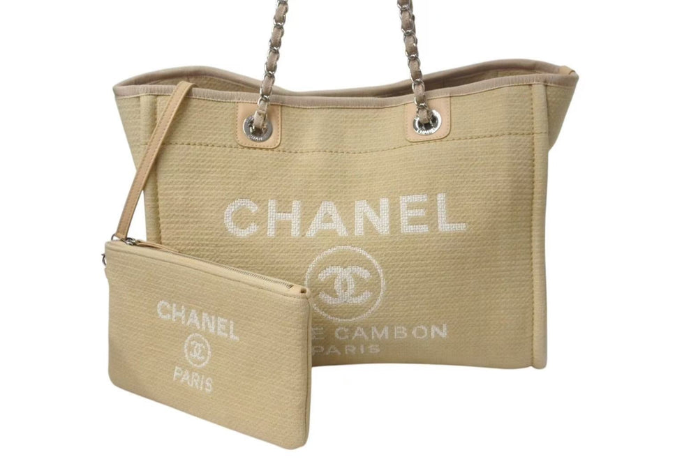 Very Good Condition CHANEL Deauville MM Chain Tote Tote Bag Coco Mark IC Canvas Leather Silver Hardware Used 4b001131