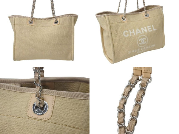 Very Good Condition CHANEL Deauville MM Chain Tote Tote Bag Coco Mark IC Canvas Leather Silver Hardware Used 4b001131