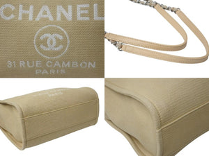 Very Good Condition CHANEL Deauville MM Chain Tote Tote Bag Coco Mark IC Canvas Leather Silver Hardware Used 4b001131