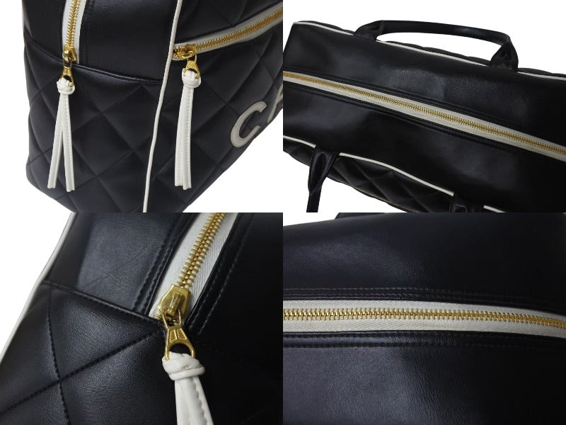 Very Good Condition CHANEL Boston Bag No. 3 Quilted Black Logo Calfskin Gold Hardware Used 4b001142