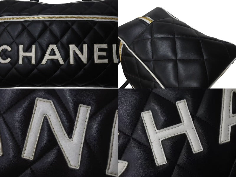Very Good Condition CHANEL Boston Bag No. 3 Quilted Black Logo Calfskin Gold Hardware Used 4b001142