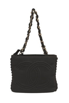 CHANEL シャネル チェーンハンドバッグ 9番台 ココマーク キルティング ブラック コットンジャージー シルバー金具 美品 中古 4b012447