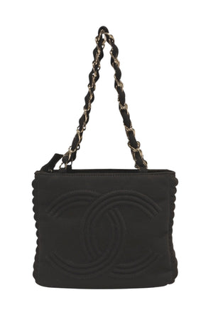 CHANEL シャネル チェーンハンドバッグ 9番台 ココマーク キルティング ブラック コットンジャージー シルバー金具 美品 中古 4b012447