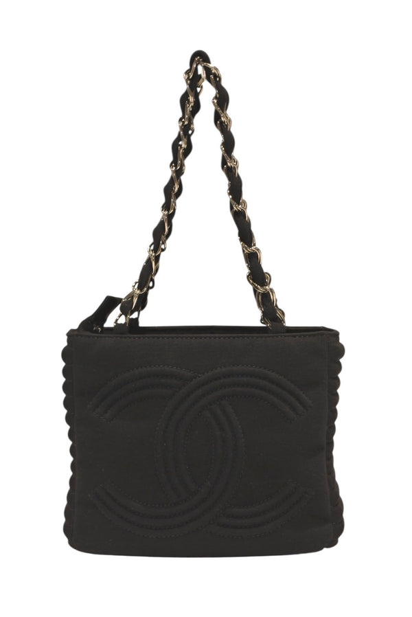 CHANEL シャネル チェーンハンドバッグ 9番台 ココマーク キルティング ブラック コットンジャージー シルバー金具 美品 中古 4b012447