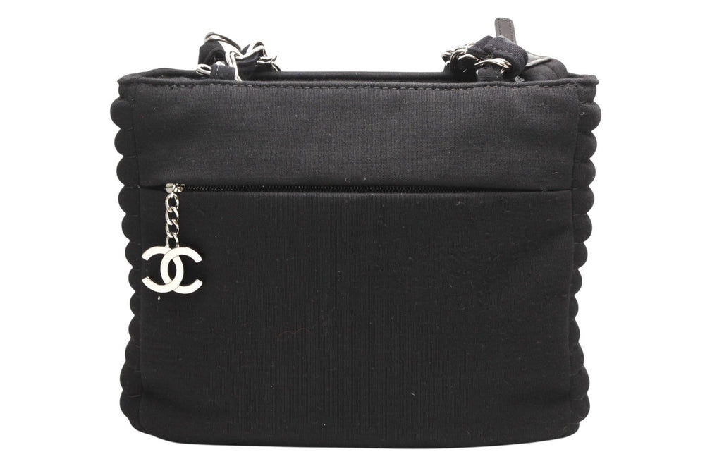 CHANEL シャネル チェーンハンドバッグ 9番台 ココマーク キルティング ブラック コットンジャージー シルバー金具 美品 中古 4b012447