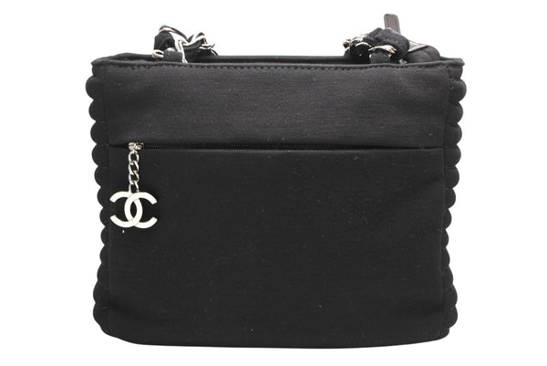 CHANEL シャネル チェーンハンドバッグ 9番台 ココマーク キルティング ブラック コットンジャージー シルバー金具 美品 中古 4b012447