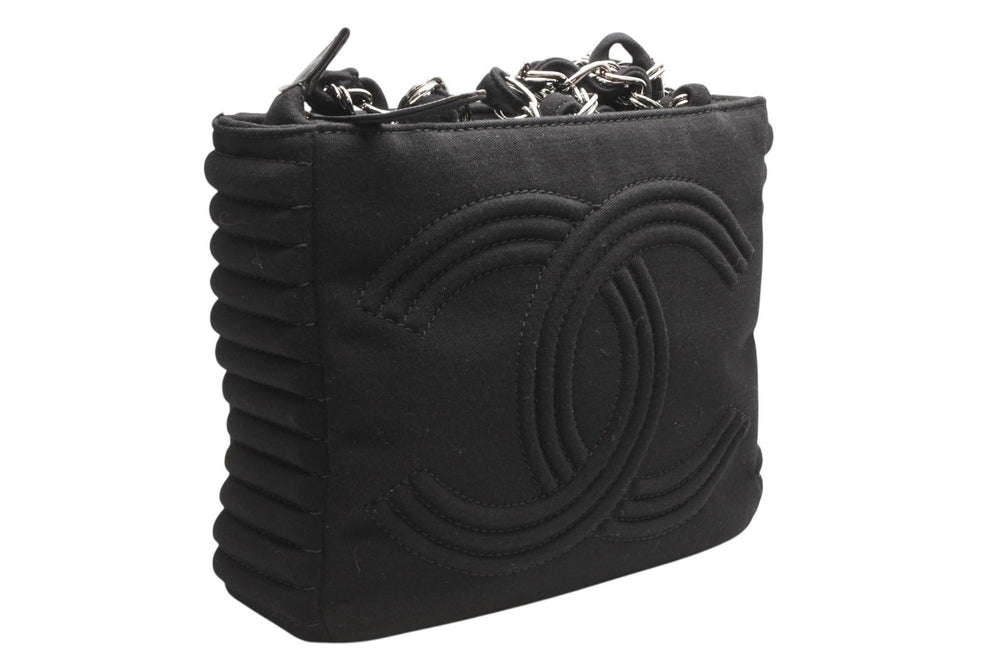CHANEL シャネル チェーンハンドバッグ 9番台 ココマーク キルティング ブラック コットンジャージー シルバー金具 美品 中古 4b012447