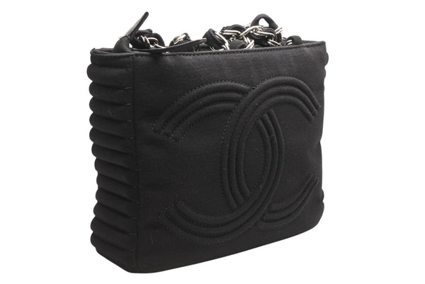 CHANEL シャネル チェーンハンドバッグ 9番台 ココマーク キルティング ブラック コットンジャージー シルバー金具 美品 中古 4b012447