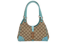 Load image into Gallery viewer, GUCCI グッチ ジャッキー ハンドバッグ 124409 002058 GGキャンバス レザー ベージュ ターコイズブルー ブロンズ金具 美品 中古 4b011257