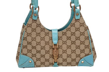 Load image into Gallery viewer, GUCCI グッチ ジャッキー ハンドバッグ 124409 002058 GGキャンバス レザー ベージュ ターコイズブルー ブロンズ金具 美品 中古 4b011257