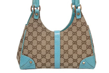 Load image into Gallery viewer, GUCCI グッチ ジャッキー ハンドバッグ 124409 002058 GGキャンバス レザー ベージュ ターコイズブルー ブロンズ金具 美品 中古 4b011257