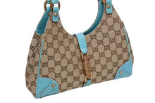 Load image into Gallery viewer, GUCCI グッチ ジャッキー ハンドバッグ 124409 002058 GGキャンバス レザー ベージュ ターコイズブルー ブロンズ金具 美品 中古 4b011257