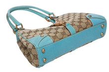 Load image into Gallery viewer, GUCCI グッチ ジャッキー ハンドバッグ 124409 002058 GGキャンバス レザー ベージュ ターコイズブルー ブロンズ金具 美品 中古 4b011257