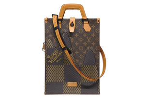 極美品 LOUIS VUITTON ルイヴィトン×NIGO ダミエジャイアント トートバッグ N40355 ブラウン ベージュ PVCコーティングキャンバス ヌメ革 ブラック金具 中古 4b011644