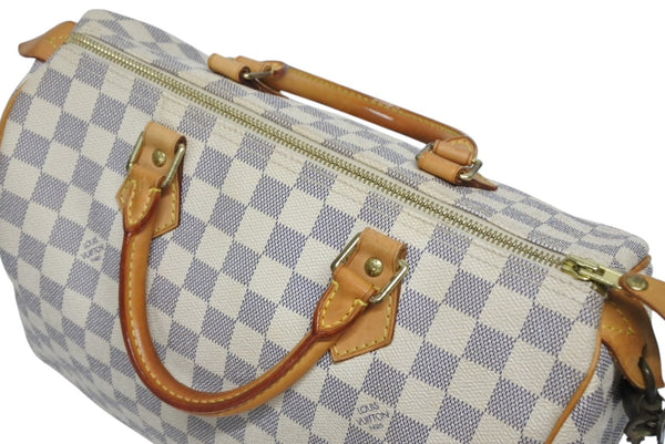LOUIS VUITTON ルイヴィトン ダミエ アズール スピーディ30 ハンドバッグ N41533 ホワイト ゴールド金具 ロゴ 美品 中古 4b011890