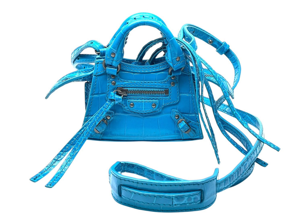 BALENCIAGA バレンシアガ クロコ型押し ネオ クラシック シティ ミニ ショルダーバッグ ブルー系 レザー 669537 コッパ―金具 美品 中古 4b011373
