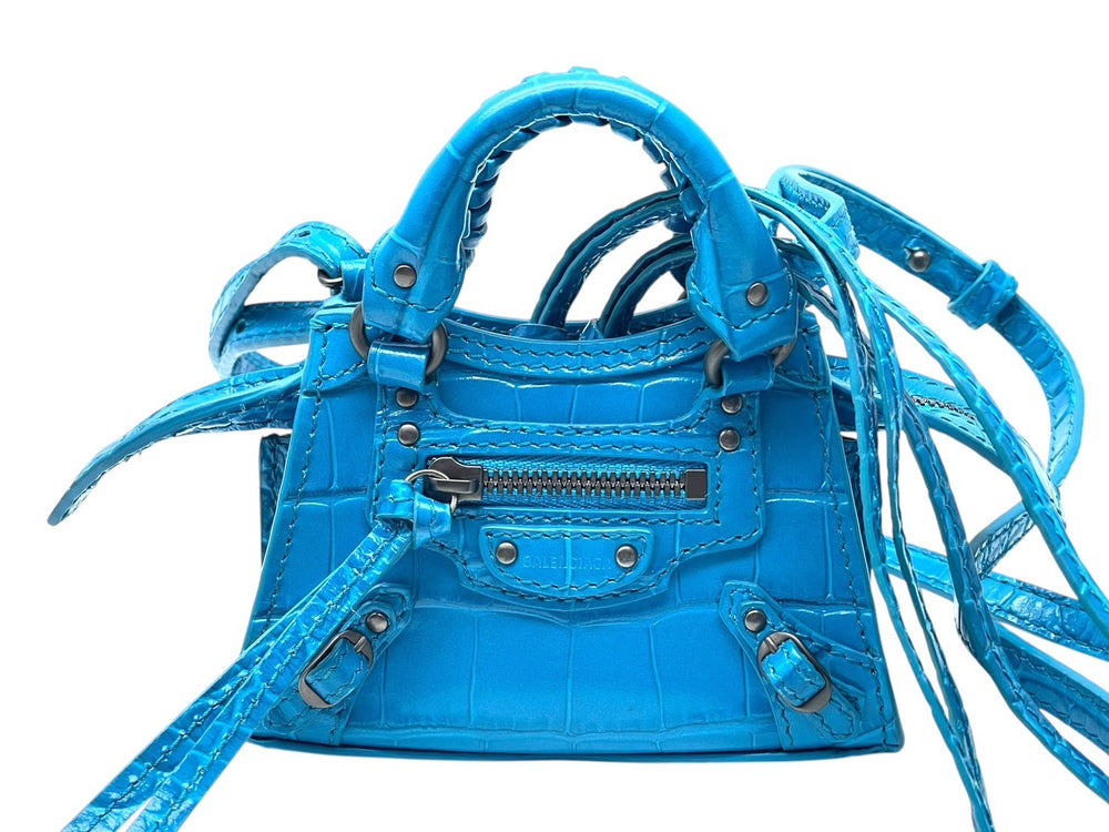 BALENCIAGA バレンシアガ クロコ型押し ネオ クラシック シティ ミニ ショルダーバッグ ブルー系 レザー 669537 コッパ―金具 美品 中古 4b011373