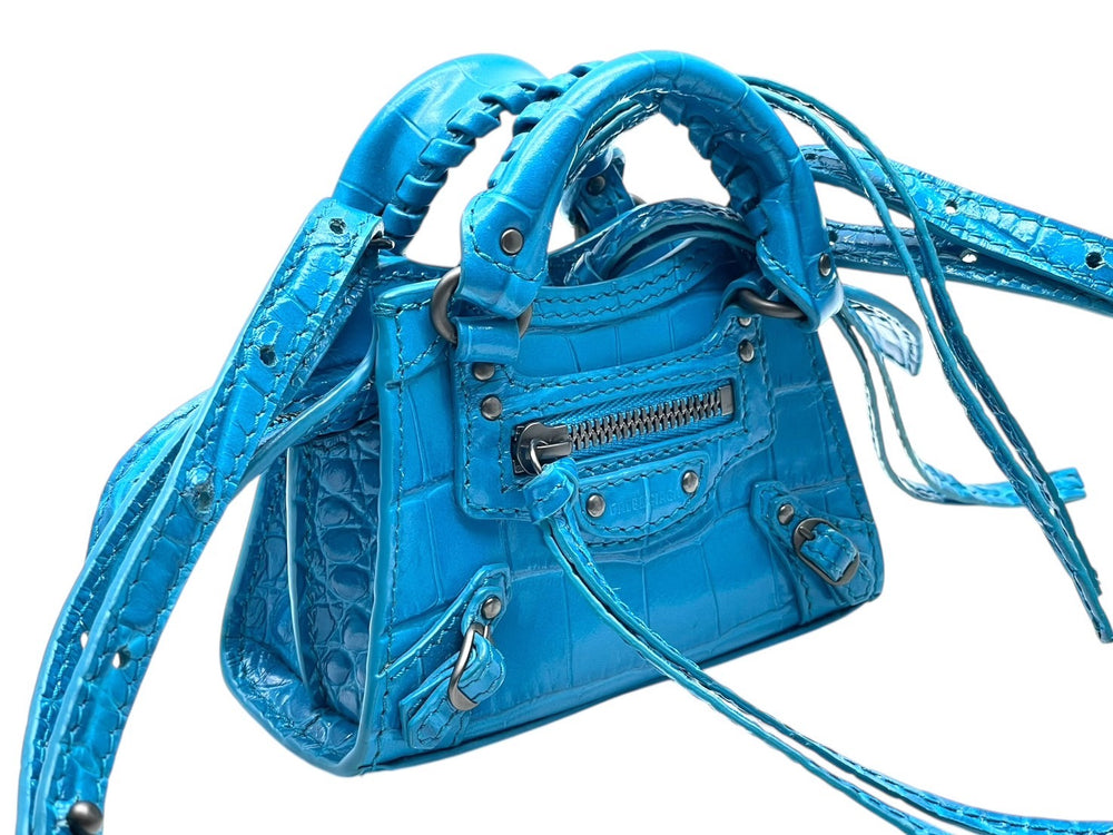 BALENCIAGA バレンシアガ クロコ型押し ネオ クラシック シティ ミニ ショルダーバッグ ブルー系 レザー 669537 コッパ―金具 美品 中古 4b011373
