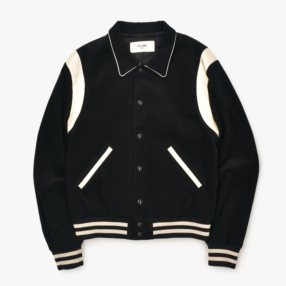 CELINE セリーヌ ジャケット テディジャケット バーシティジャケット コーデュロイ ブラック オフホワイト コットン レーヨン サイズ50 中古 4b012287