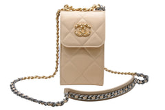 極美品 CHANEL シャネル フォンホルダー フォンポーチ AP1773 30番台 ココマーク ラムスキン キルティング ベージュ 中古 4b011912