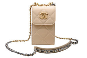 極美品 CHANEL シャネル フォンホルダー フォンポーチ AP1773 30番台 ココマーク ラムスキン キルティング ベージュ 中古 4b011912