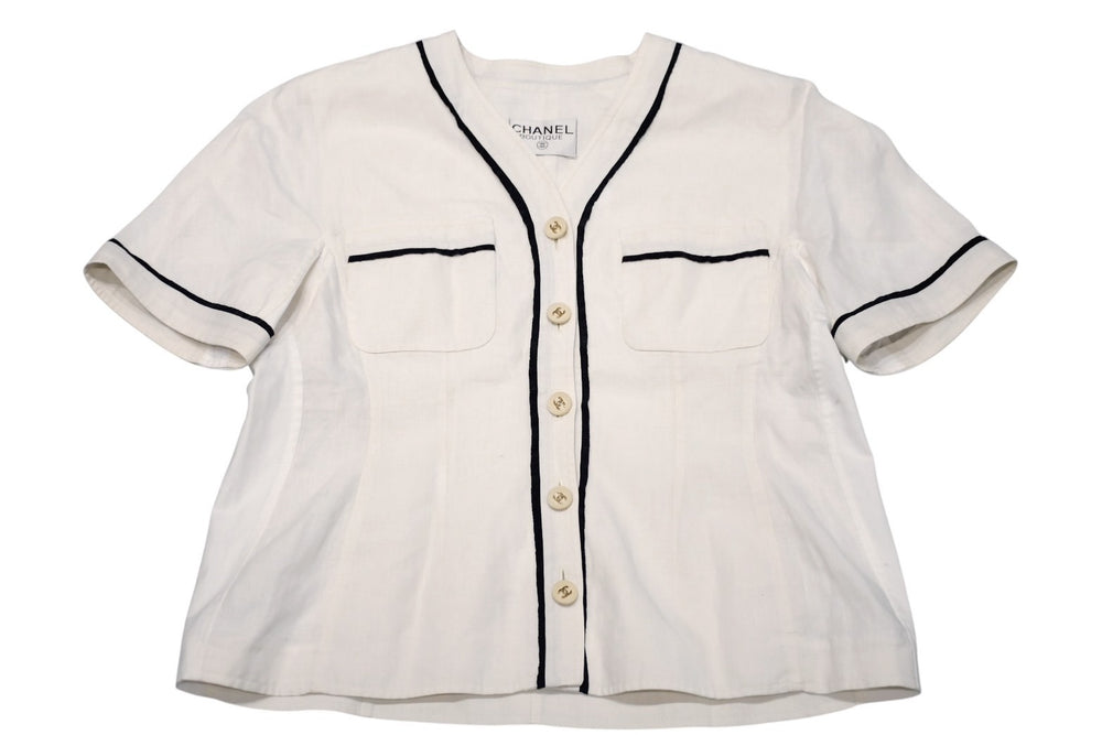 極美品 CHANEL シャネル VINTAGE ヴィンテージ 90's ベースボールシャツ ココマーク オフホワイト ブラック アーカイブ 中古 4b012550
