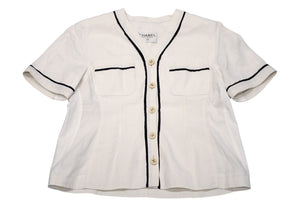 極美品 CHANEL シャネル VINTAGE ヴィンテージ 90's ベースボールシャツ ココマーク オフホワイト ブラック アーカイブ 中古 4b012550