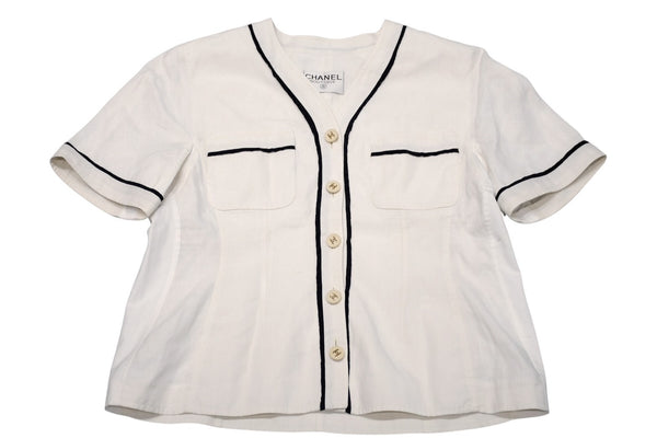 極美品 CHANEL シャネル VINTAGE ヴィンテージ 90's ベースボールシャツ ココマーク オフホワイト ブラック アーカイブ 中古 4b012550