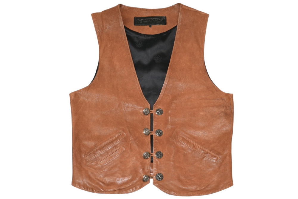 CHROME HEARTS 8B L LNG BCK Leather Vest Size S Floral Button Brown Good Condition Used 4b013151
