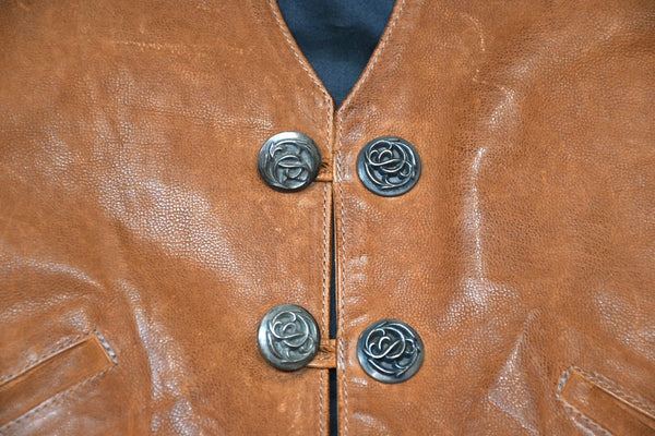 CHROME HEARTS クロムハーツ 8B L LNG BCK レザーベスト サイズS フローラルボタン ブラウン 美品 中古 4b013151
