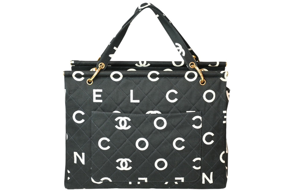 Very Good Condition CHANEL Handbag Quilted Handbag Made in 1996 Black White Cotton Canvas Gold Hardware Used 4b013006
