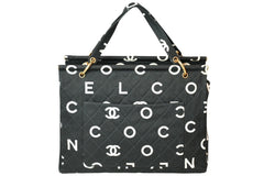 極美品 CHANEL シャネル ハンドバッグ キルティング ハンドバック 1996年製 ブラック ホワイト コットンキャンバス ゴールド金具 中古 4b013006