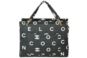 極美品 CHANEL シャネル ハンドバッグ キルティング ハンドバック 1996年製 ブラック ホワイト コットンキャンバス ゴールド金具 中古 4b013006