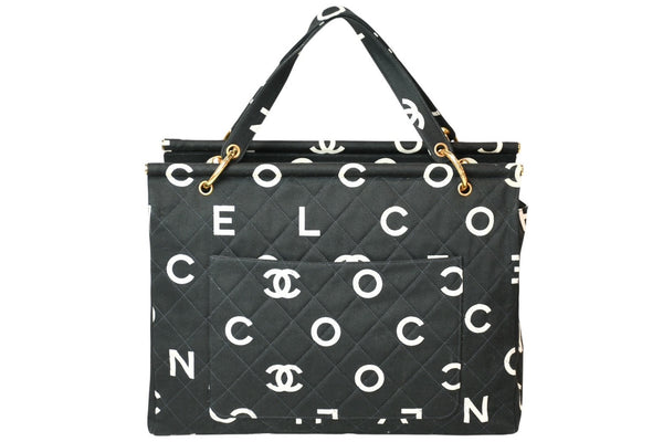 極美品 CHANEL シャネル ハンドバッグ キルティング ハンドバック 1996年製 ブラック ホワイト コットンキャンバス ゴールド金具 中古 4b013006