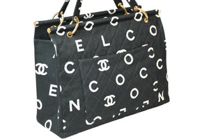極美品 CHANEL シャネル ハンドバッグ キルティング ハンドバック 1996年製 ブラック ホワイト コットンキャンバス ゴールド金具 中古 4b013006