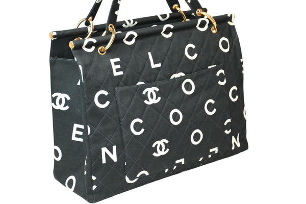 極美品 CHANEL シャネル ハンドバッグ キルティング ハンドバック 1996年製 ブラック ホワイト コットンキャンバス ゴールド金具 中古 4b013006