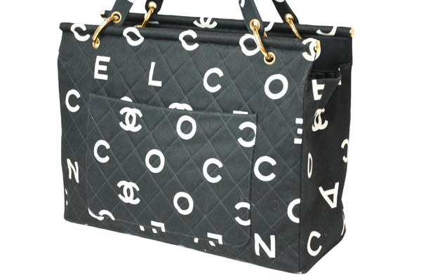 極美品 CHANEL シャネル ハンドバッグ キルティング ハンドバック 1996年製 ブラック ホワイト コットンキャンバス ゴールド金具 中古 4b013006