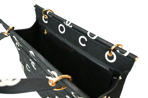 極美品 CHANEL シャネル ハンドバッグ キルティング ハンドバック 1996年製 ブラック ホワイト コットンキャンバス ゴールド金具 中古 4b013006
