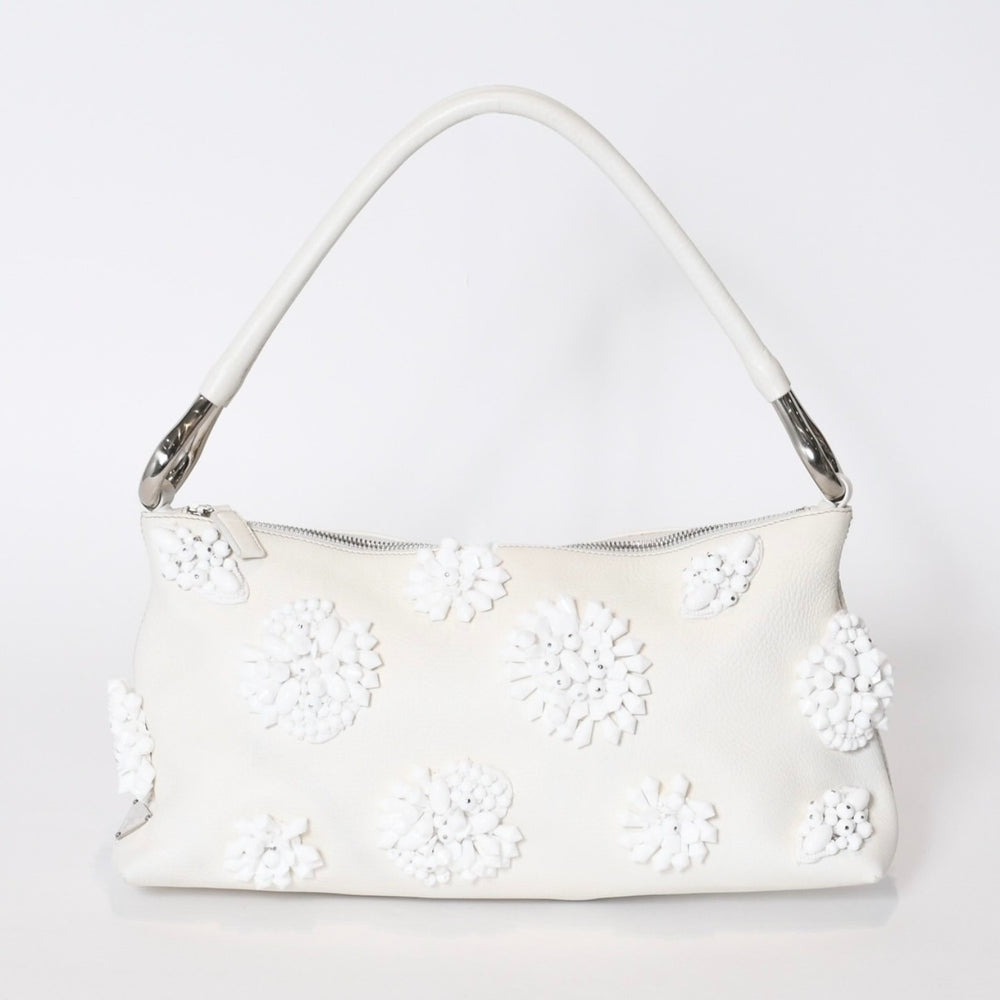 極美品 PRADA プラダ ホーボー ワンショルダー ハンドバッグ 2211B ビーズ レザー ホワイト 中古 4b013428