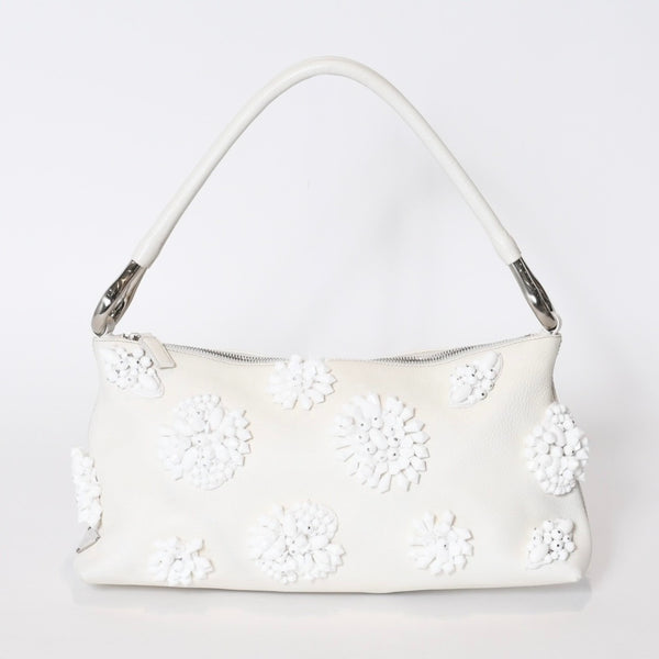 極美品 PRADA プラダ ホーボー ワンショルダー ハンドバッグ 2211B ビーズ レザー ホワイト 中古 4b013428
