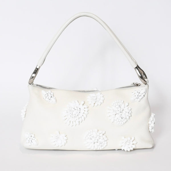 極美品 PRADA プラダ ホーボー ワンショルダー ハンドバッグ 2211B ビーズ レザー ホワイト 中古 4b013428