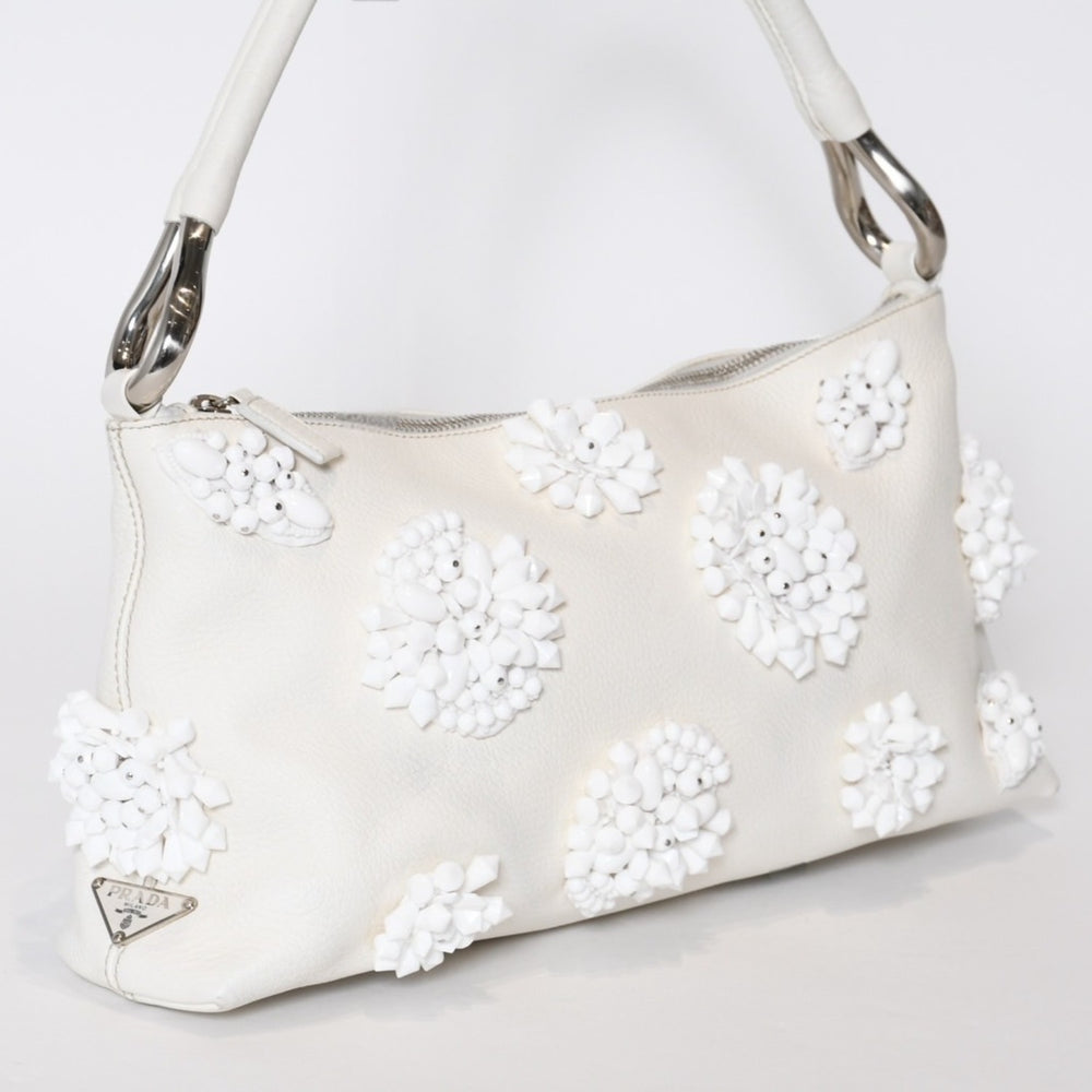 Very Good Condition PRADA Hobo One Shoulder Handbag 2211B Beads Leather White Used 4b013428