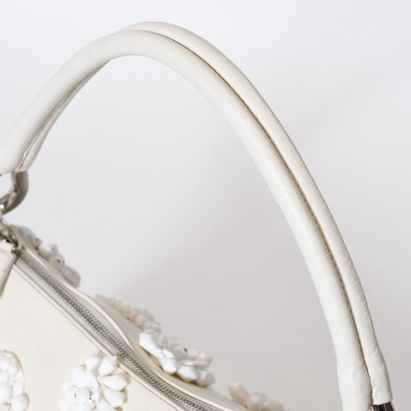 極美品 PRADA プラダ ホーボー ワンショルダー ハンドバッグ 2211B ビーズ レザー ホワイト 中古 4b013428
