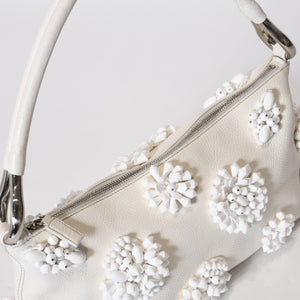 極美品 PRADA プラダ ホーボー ワンショルダー ハンドバッグ 2211B ビーズ レザー ホワイト 中古 4b013428