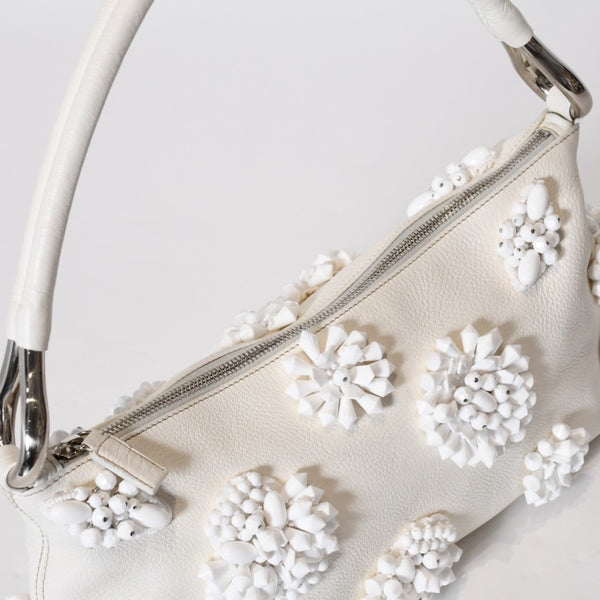 極美品 PRADA プラダ ホーボー ワンショルダー ハンドバッグ 2211B ビーズ レザー ホワイト 中古 4b013428